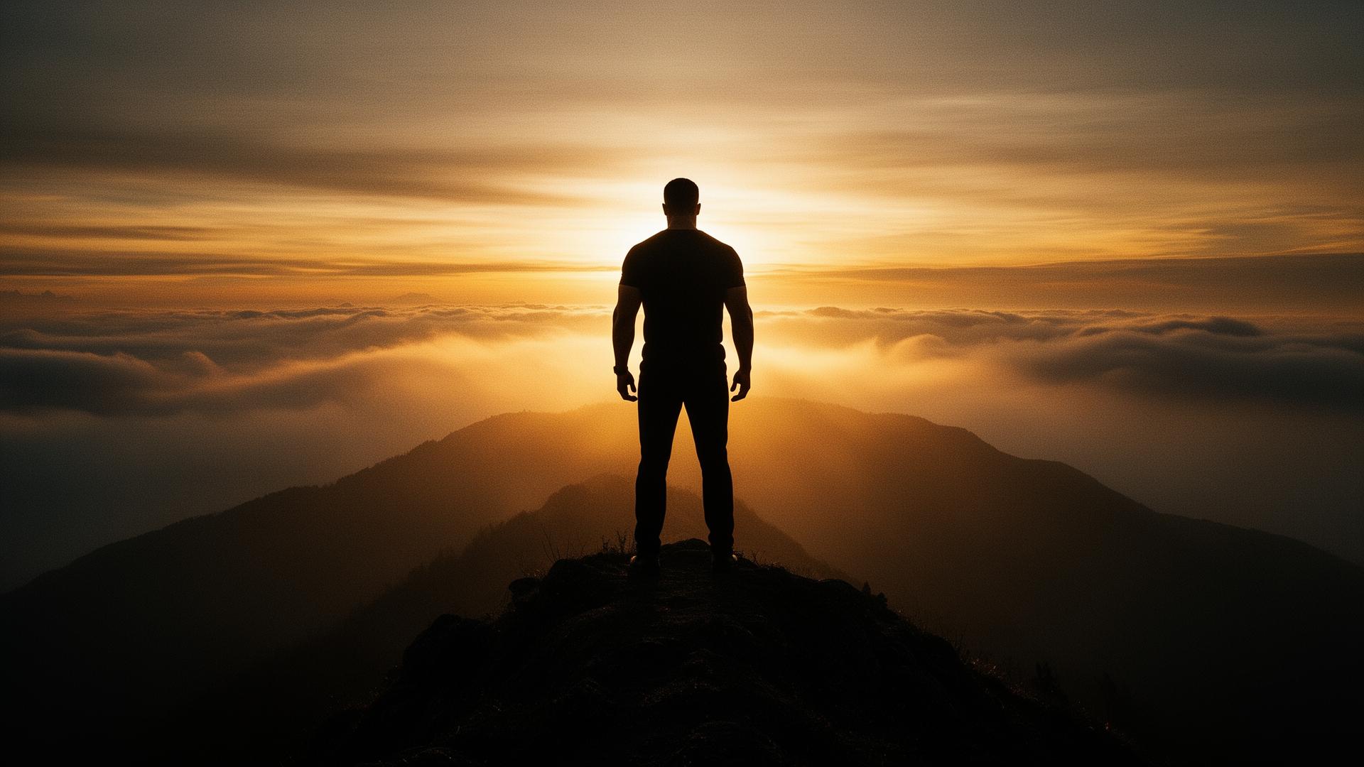 A man standing on a mountain ridge at sunrise